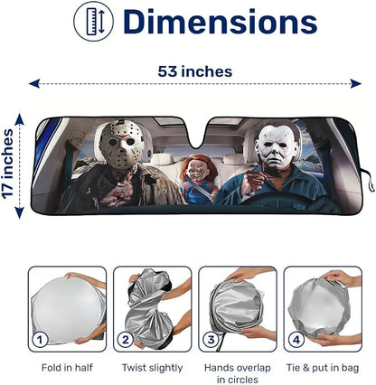GENANY Horror Movie Character Windshield Sun Shade for Car SUV Truck (53x17 Inches), Automobile Sunshade, Protector Blocks UV, Christmas Car Decor
