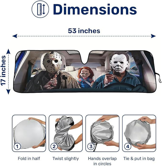 GENANY Horror Movie Character Windshield Sun Shade for Car SUV Truck (53x17 Inches), Automobile Sunshade, Protector Blocks UV, Christmas Car Decor