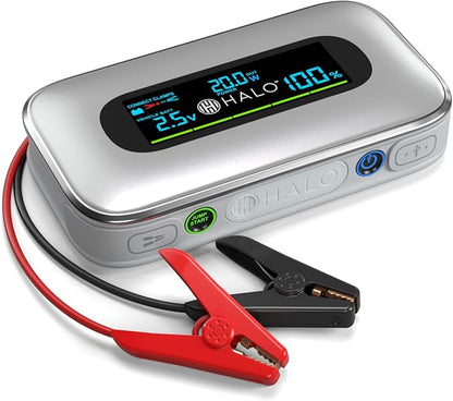 Halo Bolt 1500A Car Battery Jump Starter with Large Digital Screen, Portable 12V Lithium Battery Jump Starter, Portable Power Bank, 3-Mode LED Flashlight, Safe & Simple Design, TSA Approved - Silver