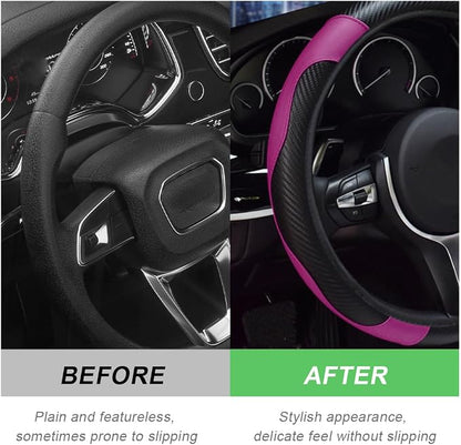DXNQ Car Steering Wheel Cover, 15 Inch Carbon Fiber Leather Stitching Color Steering Wheel Protector, Anti-Slip Elastic Breathable Steering Wheel Cover Stylish Decor for Most Cars (Black&Purple)