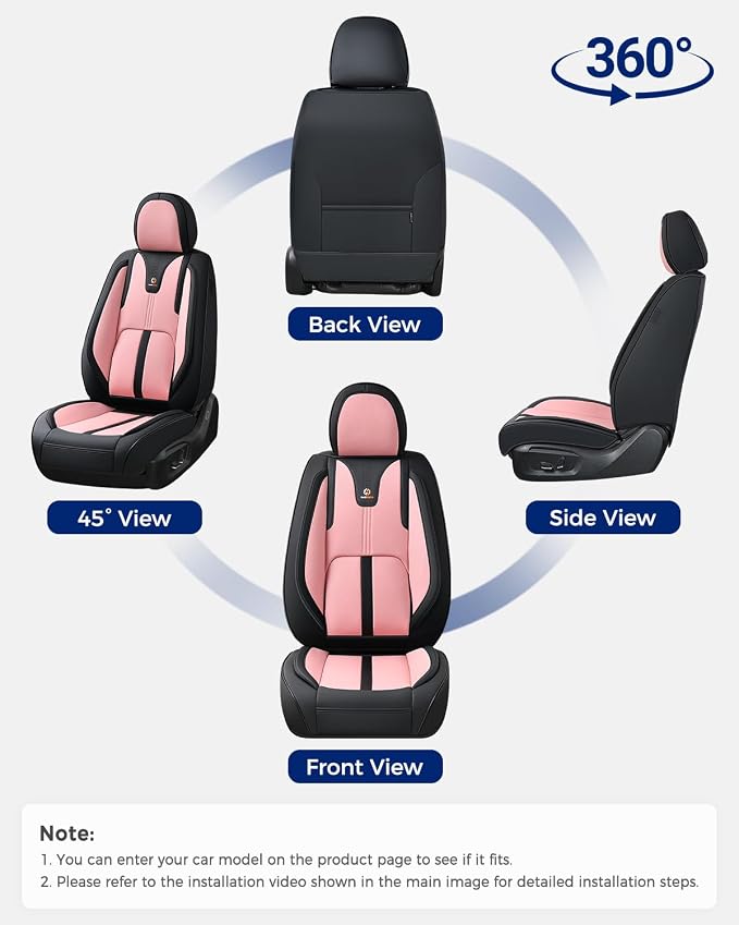 Huidasource Car Seat Covers Front Seats Luxury Nappa Leather, Front Seat Covers with Airbag, Front Storage Pocket, Lumbar Support, Cooling＆Heating, Universal Fit for Most Cars SUV Trucks, Black&Pink
