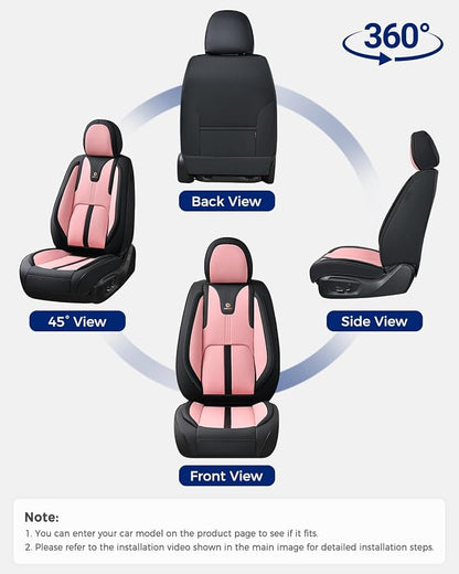 Huidasource Car Seat Covers Front Seats Luxury Nappa Leather, Front Seat Covers with Airbag, Front Storage Pocket, Lumbar Support, Cooling＆Heating, Universal Fit for Most Cars SUV Trucks, Black&Pink