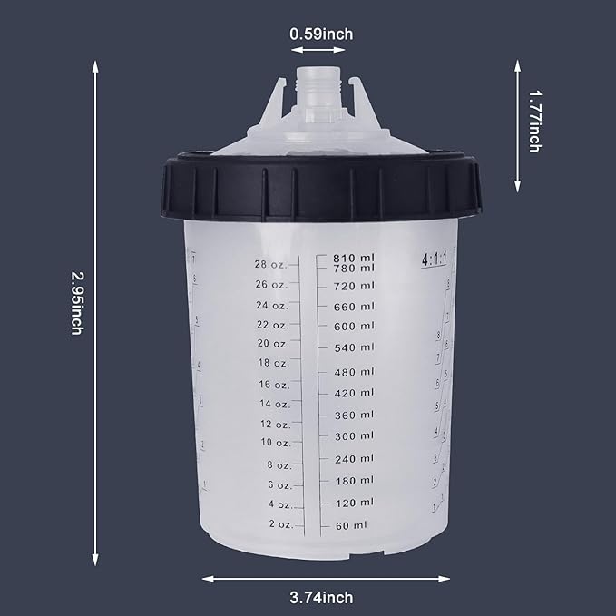 Disposable Paint Sprayer Mixing Cup for Automotive Paint Gun, HVLP Paint Spray Paint Gun 27 Ounce (800ml) Kit with 10 Cups and Lids System, 1 Hard Cup with Retainer Ring and 2 Plugs
