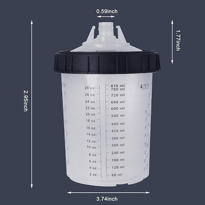 Disposable Paint Sprayer Mixing Cup for Automotive Paint Gun, HVLP Paint Spray Paint Gun 27 Ounce (800ml) Kit with 10 Cups and Lids System, 1 Hard Cup with Retainer Ring and 2 Plugs