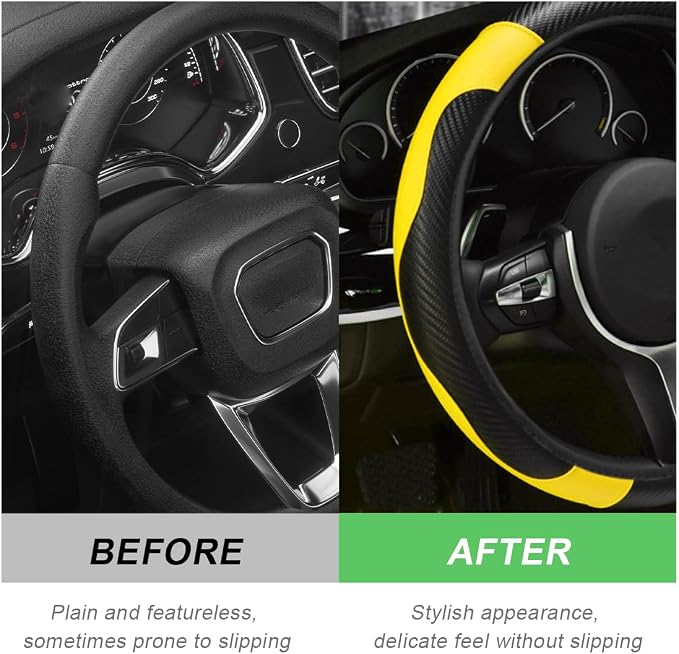 DXNQ Car Steering Wheel Cover, 15 Inch Carbon Fiber Leather Stitching Color Steering Wheel Protector, Anti-Slip Elastic Breathable Steering Wheel Cover Stylish Decor for Most Cars (Yellow)