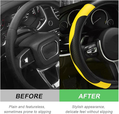 DXNQ Car Steering Wheel Cover, 15 Inch Carbon Fiber Leather Stitching Color Steering Wheel Protector, Anti-Slip Elastic Breathable Steering Wheel Cover Stylish Decor for Most Cars (Yellow)
