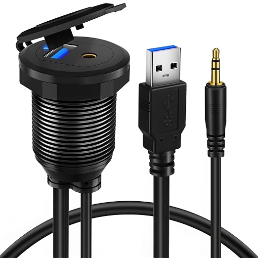 Alloy USB 3.0 AUX DC3.5mm Port Car Mount Flush Cable for Car Boat Motorcycle Dash Panel with LED Indicator - 3ft