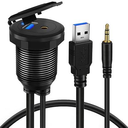 Alloy USB 3.0 AUX DC3.5mm Port Car Mount Flush Cable for Car Boat Motorcycle Dash Panel with LED Indicator - 3ft