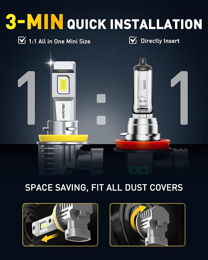AUXITO H11 LED Bulb H8 H9 H16 80000LM 6500K Cool White, 22W Low Power Consumption, Plug-N-Play Non-Polarity Design, Perfect Beam Pattern for Fog Lights, Driving Lights, Replacement Bulbs Pack of 2