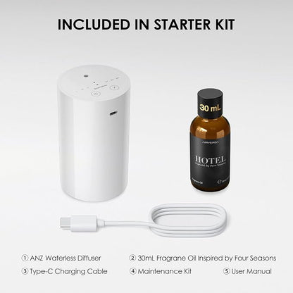 Waterless Essential Oil Diffuser Starter Kit with 30mL Hotel Scent Fragrance Oil, Rechargeable Portable Scent Diffuser with 3 Timers/Mist Levels for Car Room Home Office, ANZ White KIT