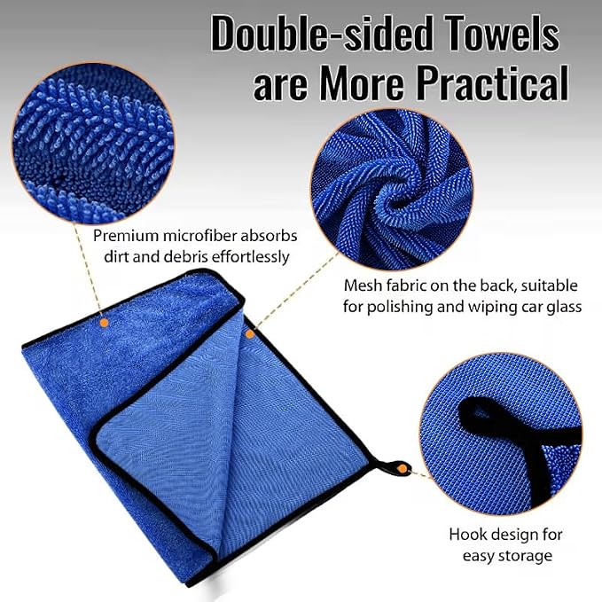 DIAOJIA 3 Pack Microfiber Car Towels (16" x 24"), 500 GSM Double-Sided Absorbent Coral Fleece Cloths for Washing, Drying & Cleaning, Streak-Free & Lint-Free (Blue)