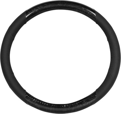 BDK BurlwoodLux Wood Grain and PU Leather Black Steering Wheel Cover - Sport Grip for Car Auto SUV Trucks