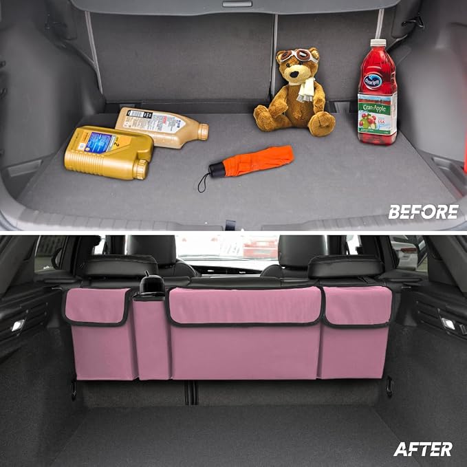 BELOMI Car Trunk Organizer, Auto Waterproof Sturdy Backseat Hanging Large Storage Collapsible Cargo Bag with Anti-Slip Adjustable Strip&4 Pockets, Vehicle Interior Accessories for Man Woman (Pink)