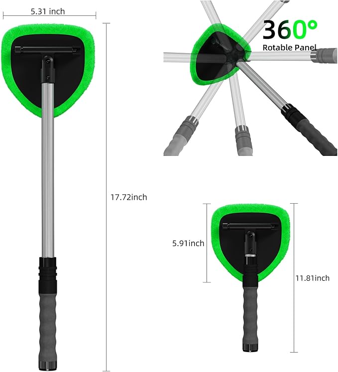 Windshield Cleaner Tool with Extendable Aluminum Handle (Up to 19.7"), Streak-Free Auto Glass Cleaning Kit with 4 Thick Microfiber Pads & Spray Bottle, Inside Window Defogger Accessories