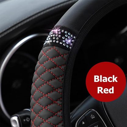 Osilly Bling Car Steering Wheel Cover, 15 Inch Rhinestones Soft Leather Elastic Steering Wheel Protector, Sparkly Crystal Diamond for Women Girls (Black/Red)