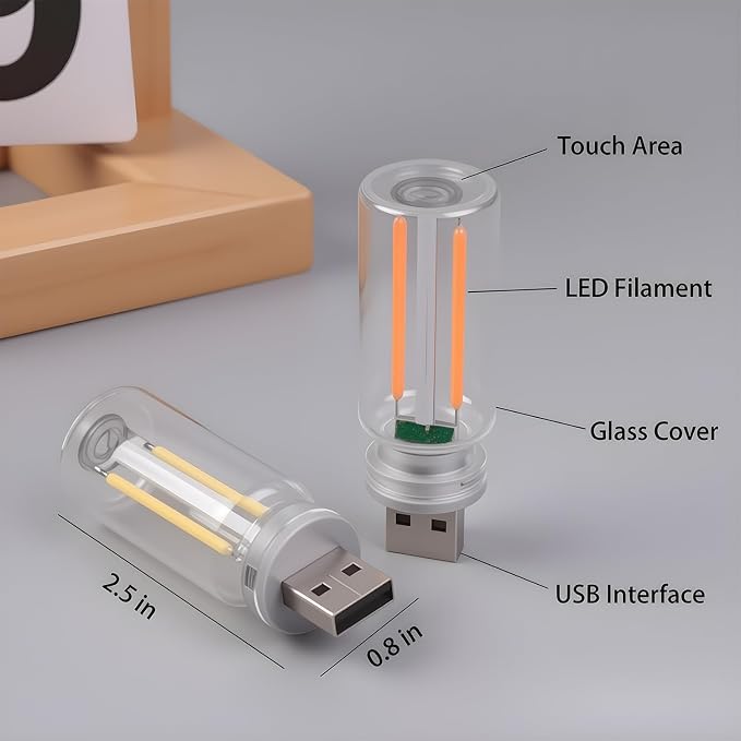2PCS USB Lights for Car, Touch Dimmable Retro Car Lamp Interior LED Ambient Lighting, Portable Mini Glass Bottle LED Bulb Night Light for Vehicle Bedroom Hallway Camping Holiday Decoration (White)