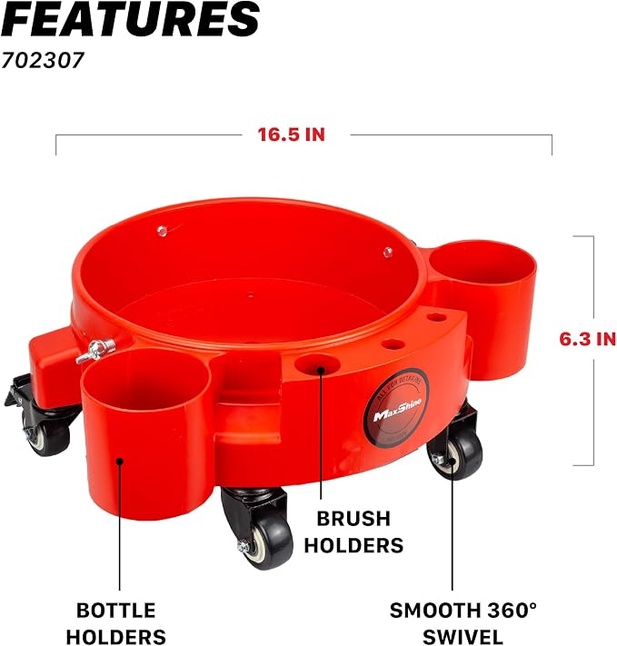 Maxshine Universal Rolling Bucket Dolly (Red) – Heavy-Duty Detailing Bucket Cart with 5 Wheels & 2 Locking Casters – Mobile Organizer for Compounds, Brushes & Car Wash Supplies