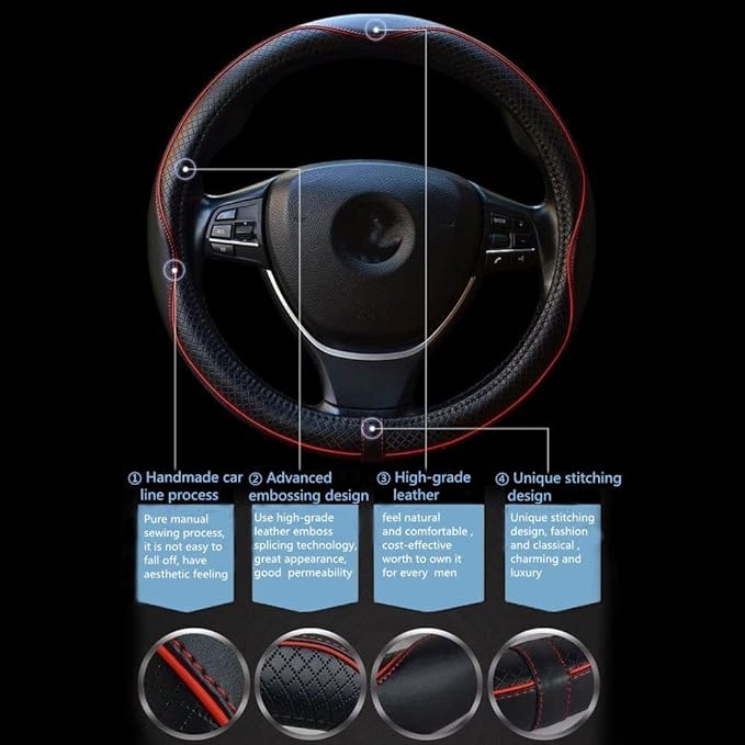 Car Steering Wheel Cover, Anti-Slip, Safety, Soft, Breathable, Heavy Duty, Thick, Full Surround, Sports Style (Black with Red line)