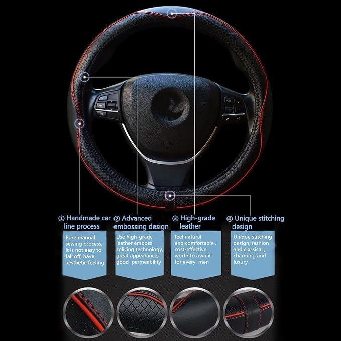 ESEWALAS Universal Car Steering Wheel Cover,Anti-Slip Leather Steering Wheel Cover,Sports Style Steering Wheel Protector,Car Interior Accessories Auto Steering Wheel Covers (Black with Red)