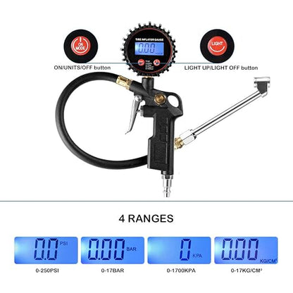 CZC AUTO Digital Tire Inflator Pressure Gauge, LED Display Tyre Deflator Gage with Dual Head Chuck Rubber Hose MNPT Fitting, Compatible with Air Pump Compressor for Truck RV Car Motorcycle Bike Bus