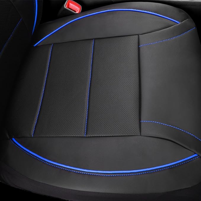 CAR PASS Universal FIT Piping Leather Two Front Seat Covers, Waterproof Faux Leather for SUV Sedan Van Truck, Airbag Compatible,Reserved Opening Holes for Headrest Covers. (Black and Blue)