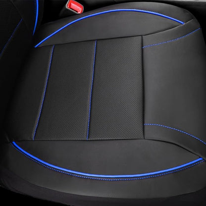 CAR PASS Universal FIT Piping Leather Two Front Seat Covers, Waterproof Faux Leather for SUV Sedan Van Truck, Airbag Compatible,Reserved Opening Holes for Headrest Covers. (Black and Blue)