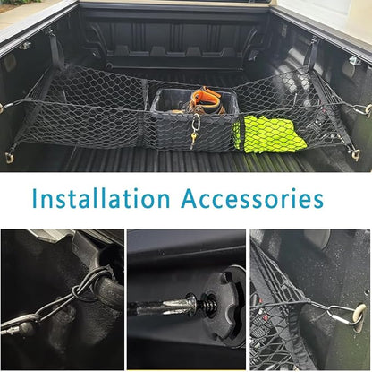 3 Pockets Truck Bed Cargo Net for Most Pickup Toyota Ford Dodge GMC Sierra Chevy Silverado Heavy-Duty Elastic Truck Organizer & Storage Grocery Holder Pickup Tailgate Netting -51.18"x 11.8"