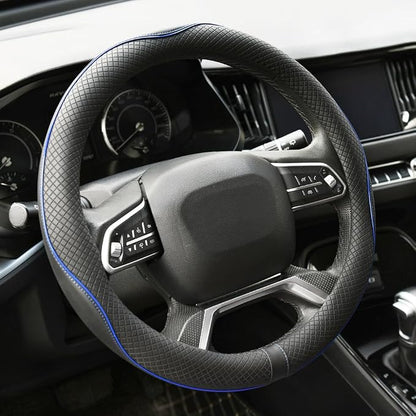 Rueesh Microfiber Leather Steering Wheel Cover Anti-Slip Matte Finish Auto Car Wheel Cover Universal 15 Inch Wheel Cover for Car Embossing Pattern Blue Line
