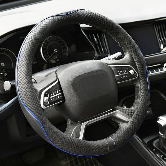 Rueesh Microfiber Leather Steering Wheel Cover Anti-Slip Matte Finish Auto Car Wheel Cover Universal 15 Inch Wheel Cover for Car Embossing Pattern Blue Line