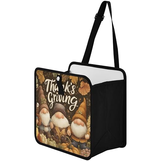 Car Trash Can Organizer Bin with Adjustable Strap for Back Front Seat Console Waterproof Leakproof Collapsible Portable 11 Inch Autumn Gnomes Pumpkin Brown