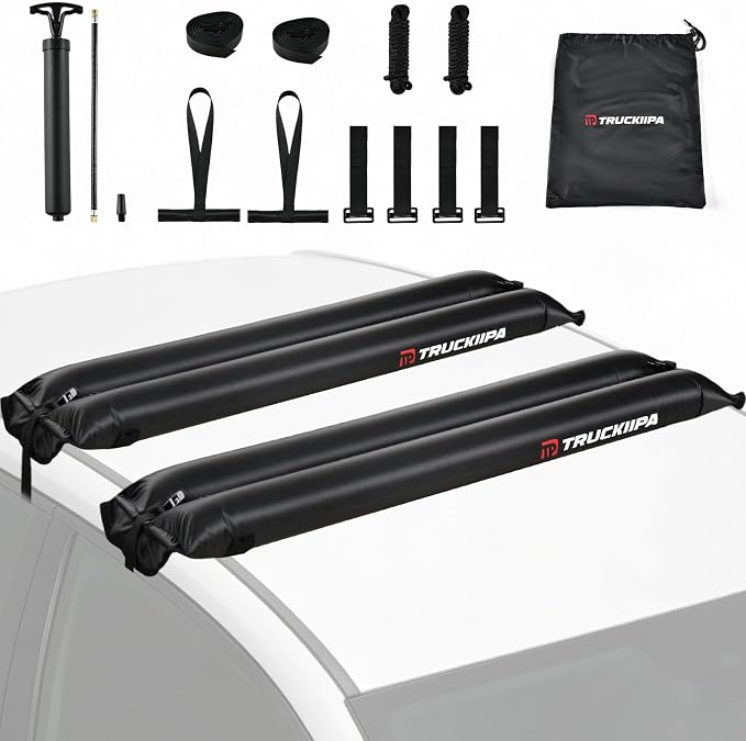 Truckiipa Soft Roof Rack Pads, 2Pcs Universal Inflatable Airbag Roof Racks for Surfboard, Kayak, SUP, Reusable Heavy Duty Car Racks System with Straps, Air Pump, Hood Loops and Storage Bag, 44inch