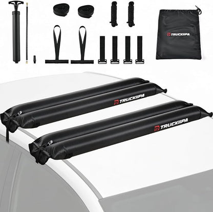 Truckiipa Soft Roof Rack Pads, 2Pcs Universal Inflatable Airbag Roof Racks for Surfboard, Kayak, SUP, Reusable Heavy Duty Car Racks System with Straps, Air Pump, Hood Loops and Storage Bag, 44inch