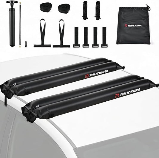 Truckiipa Soft Roof Rack Pads, 2Pcs Universal Inflatable Airbag Roof Racks for Surfboard, Kayak, SUP, Reusable Heavy Duty Car Racks System with Straps, Air Pump, Hood Loops and Storage Bag, 44inch