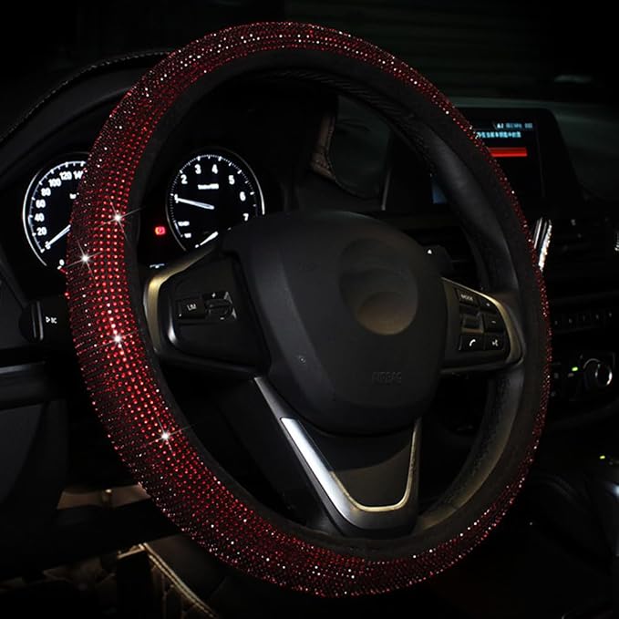 Car Bling Steering Wheel Cover for Women Girls Burgundy 15 Inch Universal Red Crystal Rhinestone Diamonds Bling Bling Accessories Anti-Slip Wheel Protector