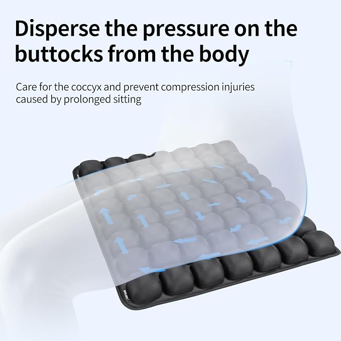 JFT Inflatable Air Seat Cushion for Pressure Relief - 56 Interconnected Air Cells - Ergonomic Pad for Office Chair, Wheelchair & Car - Built-in Pump for Easy Inflation - Lycra & TPU, 17.7" x 15.7"