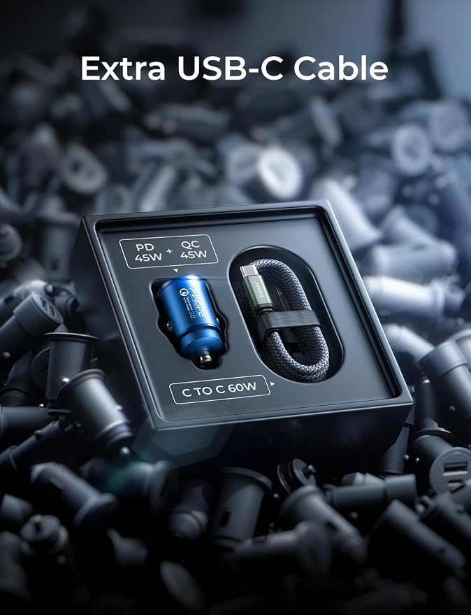 AINOPE 90W Super Fast Car Charger, Invisible USB C 45W Car Charger Fast Charging Type C, [Mini&Metal] Cigarette Lighter USB Adapter Fits iPhone 17 16 15 Pro Max Samsung Galaxy S25 Ultra S24, Blue