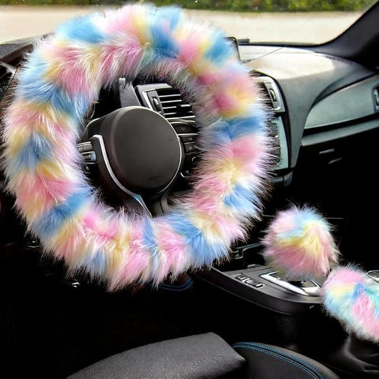 Rainbow Colorful Fluffy Steering Wheel Cover, Girly Long Fuzzy Furry Wool Sheepskin Fur Car Wheel Protector with Light Pink Soft Warm Handbrake Cover Gear Shift Cover for Women/Girl/Ladies 14.5-15"