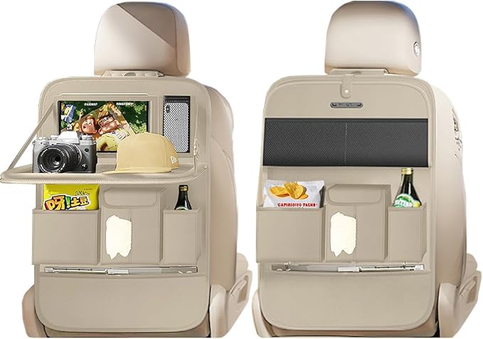 XDV Car Seat Organizers,Multi-functional Back Seat Protectors, Storage Pouches, and Tray Holders (for Cars, Kids, Seat Back and Rear Seats) (Plain Beige, 2 Pcs)