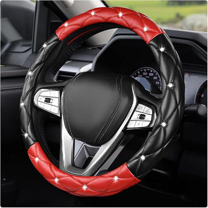Bling Car Steering Wheel Cover, 15 Inch Diamond Leather Anti-Slip Auto Steering Wheel Protector, Cute Sparkly Rhinestones Wheels Cover Automotive Decoration for Women Girl (Black & Red)