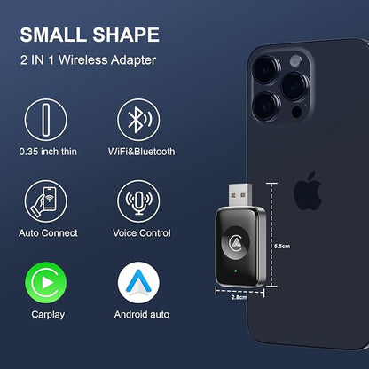 Wireless Carplay Adapter for iPhone & Android, Mini 2-in-1 CarPlay Dongle, Plug & Play, No Delay, Convert Wired to Wireless Bluetooth Apple Carplay, with USB&USB-C, for Apple iOS 10+ and 2016+ Cars