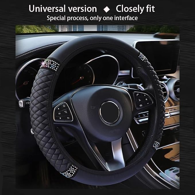Microfiber Leather Steering Wheel Cover with Anti-Slip Lining Universal Car Accessory for Steering Wheel with a Diameter of 14.5-15 inch (Black)