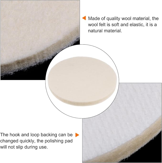 HARFINGTON 5pcs Wool Felt Polishing Pads, 4 inch Buffing Wheel Polish Pad Flocking Hook & Loop Back for Car Glass Plastic Metal Stone
