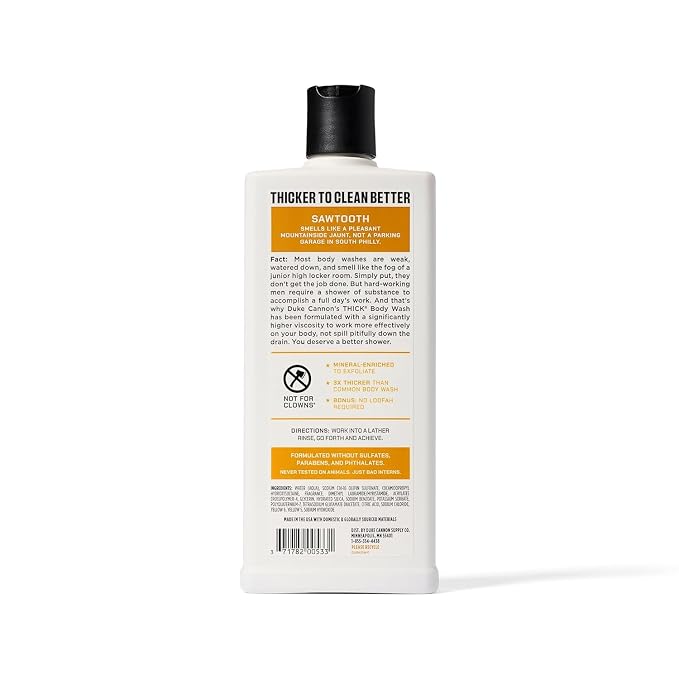 Duke Cannon Supply Co. Mens THICK Body Wash - Free of Sulfate, Paraben, & Phthalates Leaving Skin Soft and Hydrated - High Viscosity Odor Protection - Long Lasting Freshness - Sawtooth (18oz)