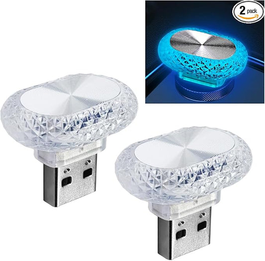 2PCS USB LED Car Interior Night Light, Crystal Mini Decoration Neno Ambient Light Car Interior Atmosphere Lamp, Plug-in USB Interface Auto Trunk Ambient Lighting Kit Universal for Cars (Blue)