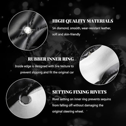 Bling Car Steering Wheel Cover, 15 Inch Diamond Leather Anti-Slip Auto Steering Wheel Protector, Cute Sparkly Rhinestones Wheels Cover Automotive Decoration for Women Girl (Black)