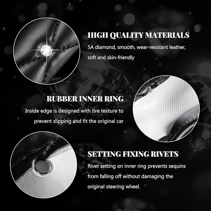 Bling Car Steering Wheel Cover, 15 Inch Diamond Leather Anti-Slip Auto Steering Wheel Protector, Cute Sparkly Rhinestones Wheels Cover Automotive Decoration for Women Girl (Black & Red)
