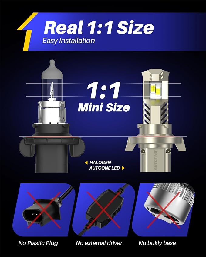 AUTOONE H13 LED Light Bulb, 52000LM 800% Super Bright, 6000K Cool White Hi/Low Beam 9008 Light bulbs, 1:1 Mini Size Quick Install No Adapter Needed, Nonpolarity Plug N Play, Pack of 2