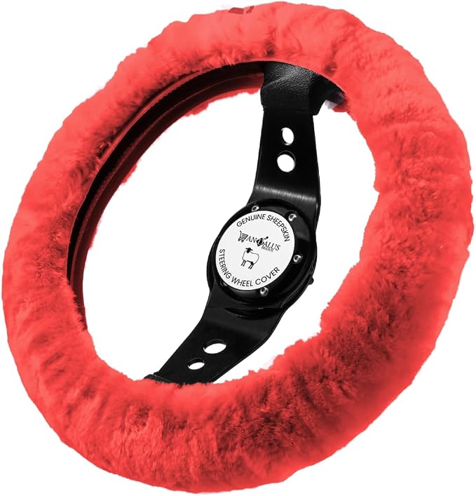 Andalus Brands Luxury Fluffy Car Steering Wheel Covers – Genuine Merino Sheepskin, Soft Fuzzy Car Steering Wheel Cover for Women, Universal 14.5-15" Size, Plush Fur Cute Auto Accessories,Tangerine Red