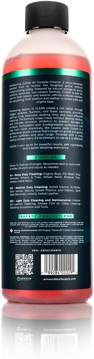 Armour Detail Supply - CLEAN All Purpose Cleaner - Citrus-Powered, High-Foaming, Non-Caustic Concentrate for Interior & Exterior (16oz)