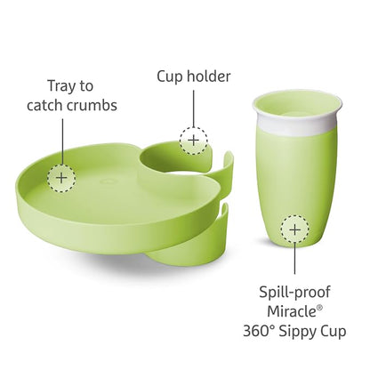 Munchkin Carseat Tray with Miracle 360 Sippy Cup for Toddlers 1-3 - Travel & Road Trip Accessory for Kids, Mess-Free Snacking and Spill Proof Drinking in The Car, Green